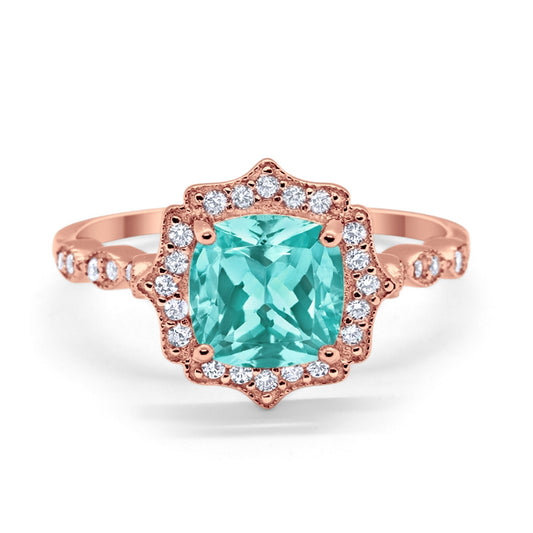 Halo Rose Tone, Simulated Paraiba Tourmaline CZ Wedding Ring