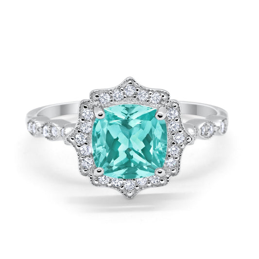 Halo Art Deco Engagement Ring Cushion Simulated Paraiba Tourmaline CZ