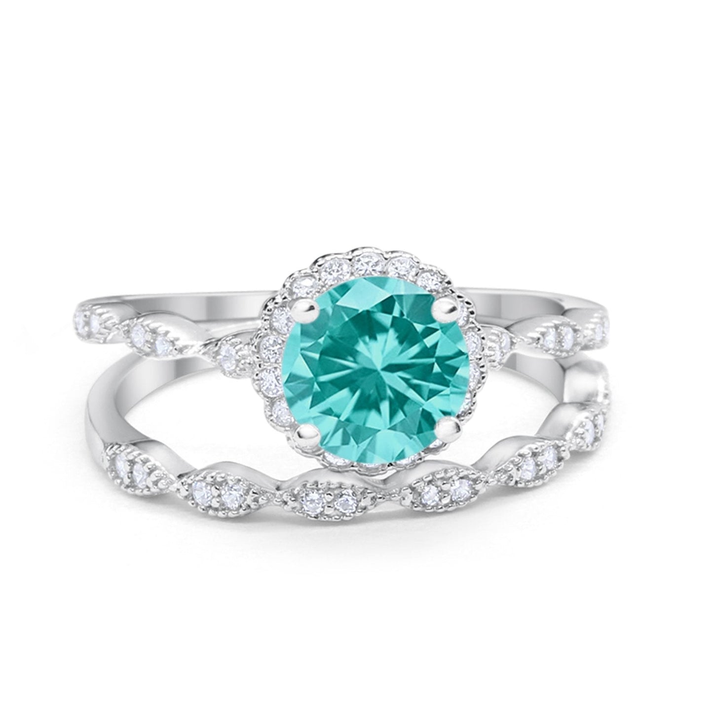 Two Piece Halo Round Simulated Paraiba Tourmaline CZ Wedding Ring