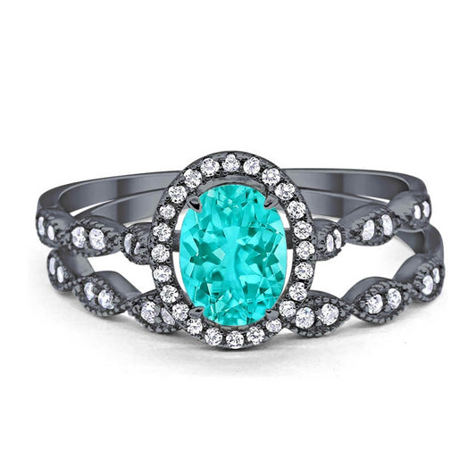 Halo Bridal Set Piece Oval Black Tone, Simulated Paraiba Tourmaline CZ Ring