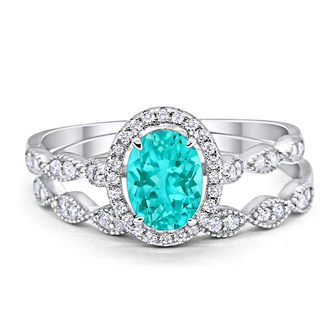 Halo Oval Art Deco Simulated Paraiba Tourmaline CZ Ring