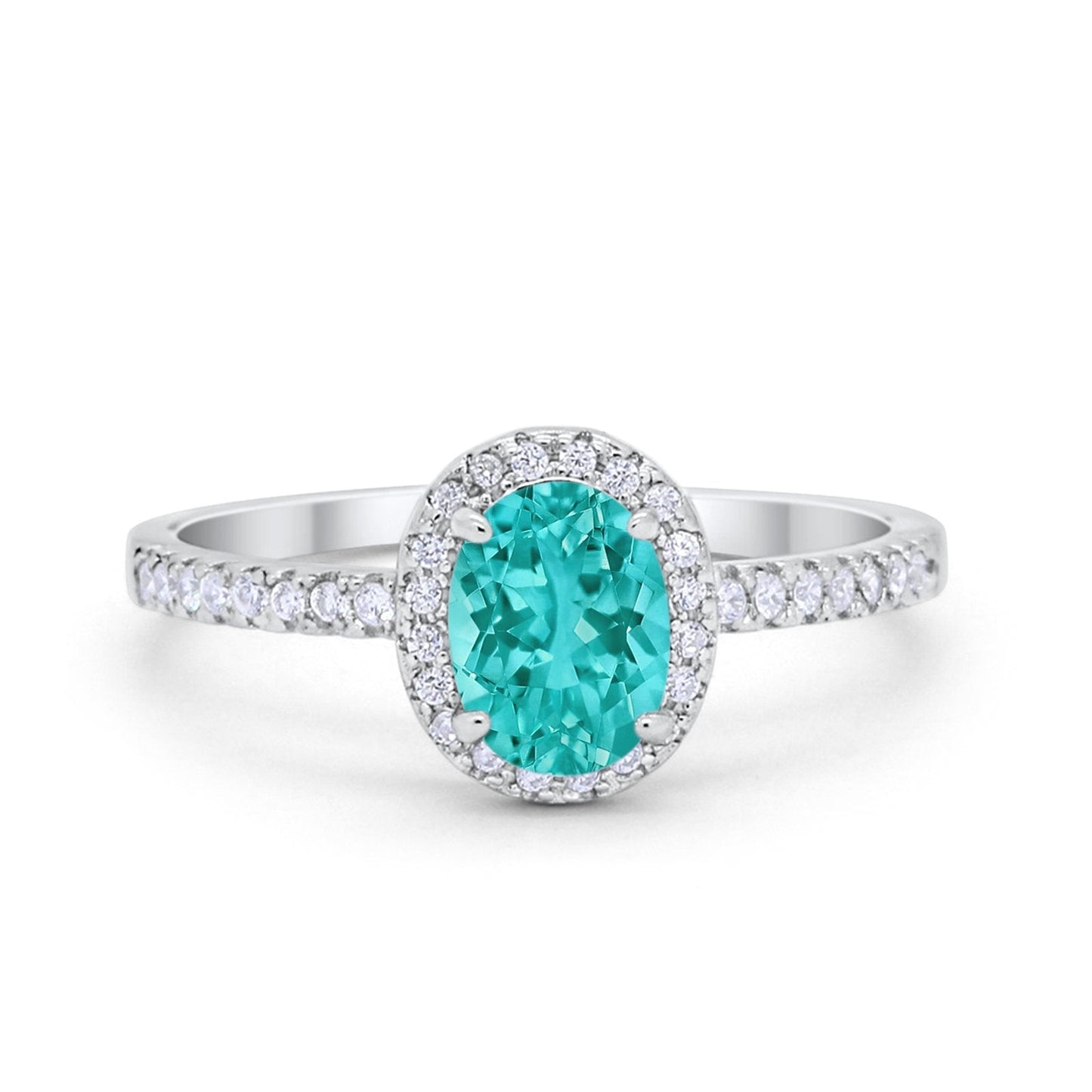 Halo Oval Engagement Ring Simulated Paraiba Tourmaline CZ