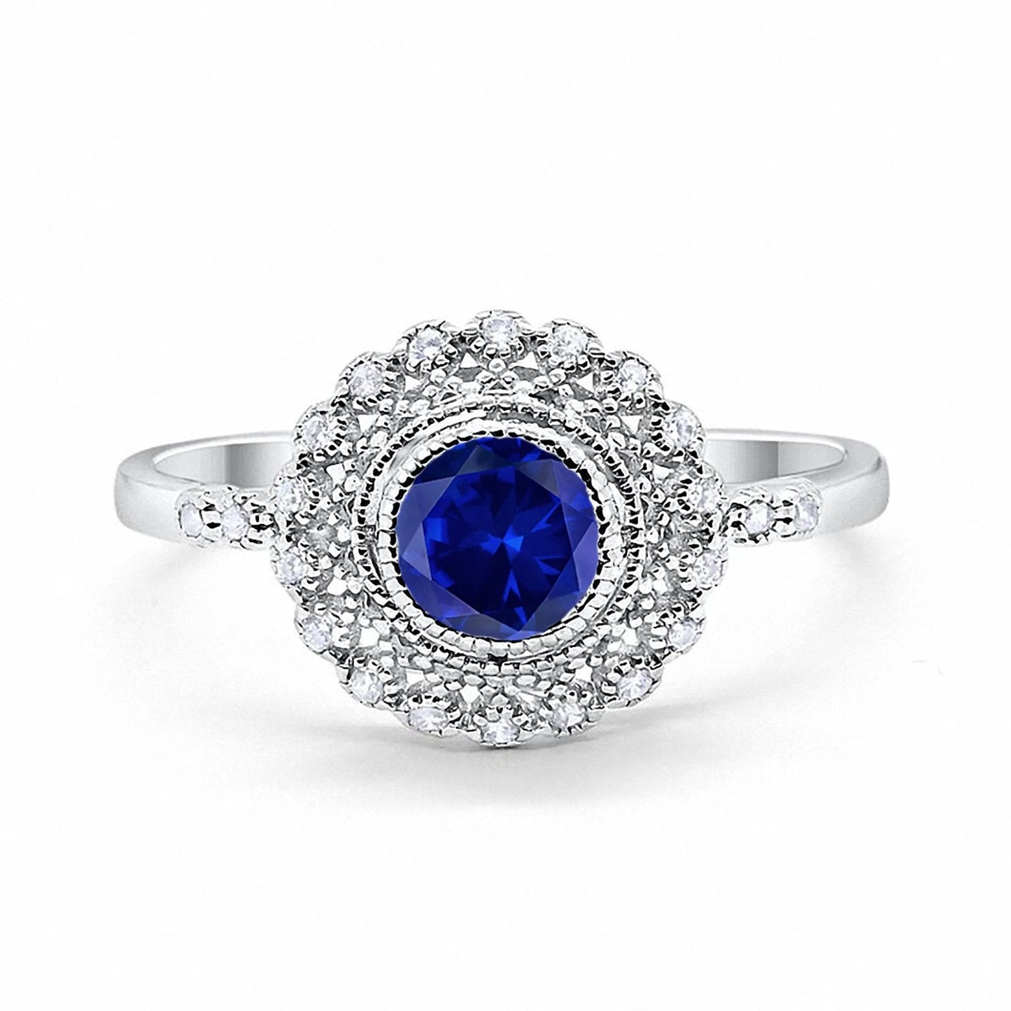 Halo Engagement Ring Bezel Round Simulated Blue Sapphire CZ