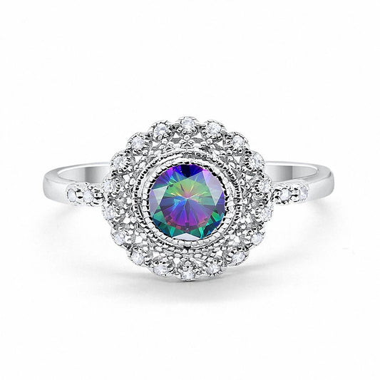 Halo Engagement Ring Bezel Round Simulated Rainbow CZ