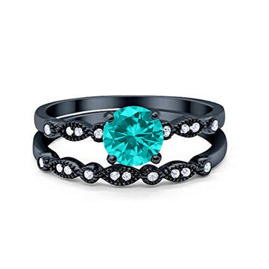 Art Deco Engagement Piece Ring Black Tone, Simulated Paraiba Tourmaline CZ