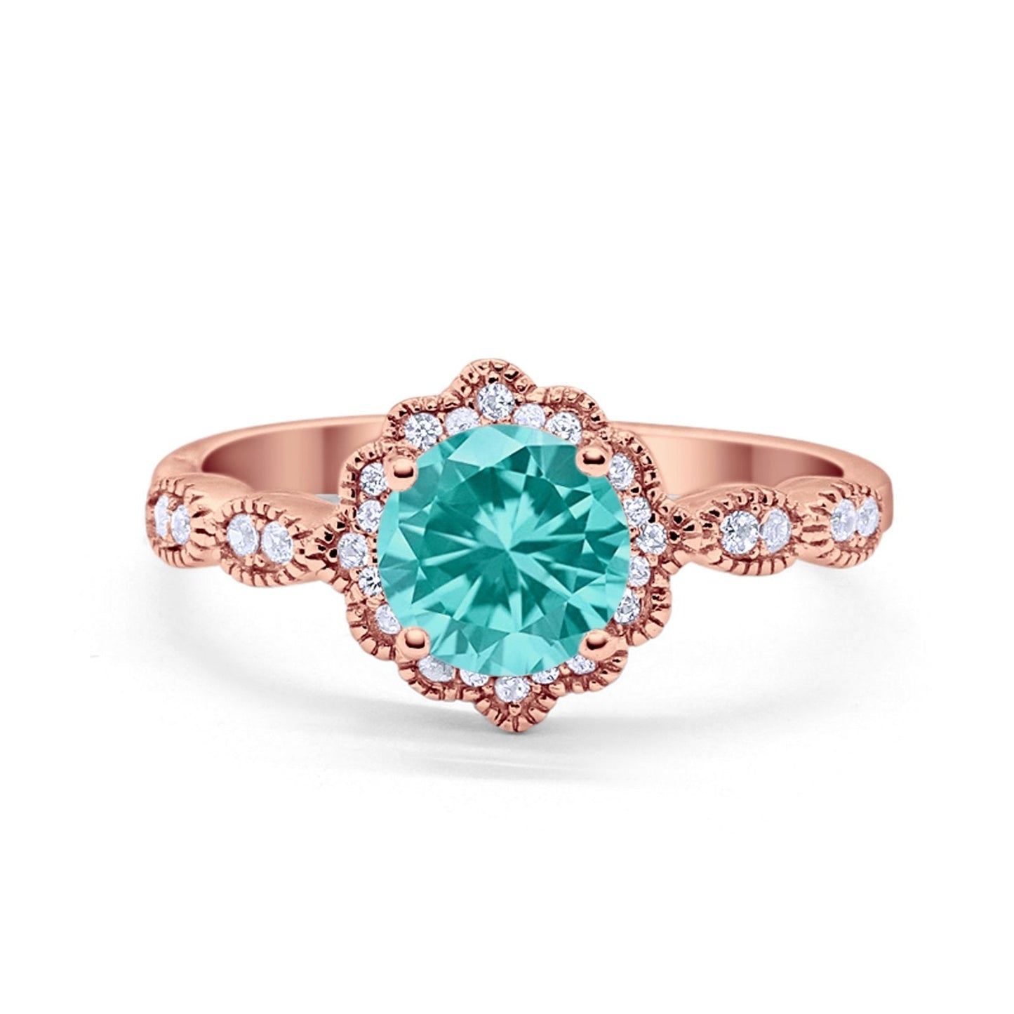 Floral Round Rose Tone, Simulated Paraiba Tourmaline CZ Wedding Ring