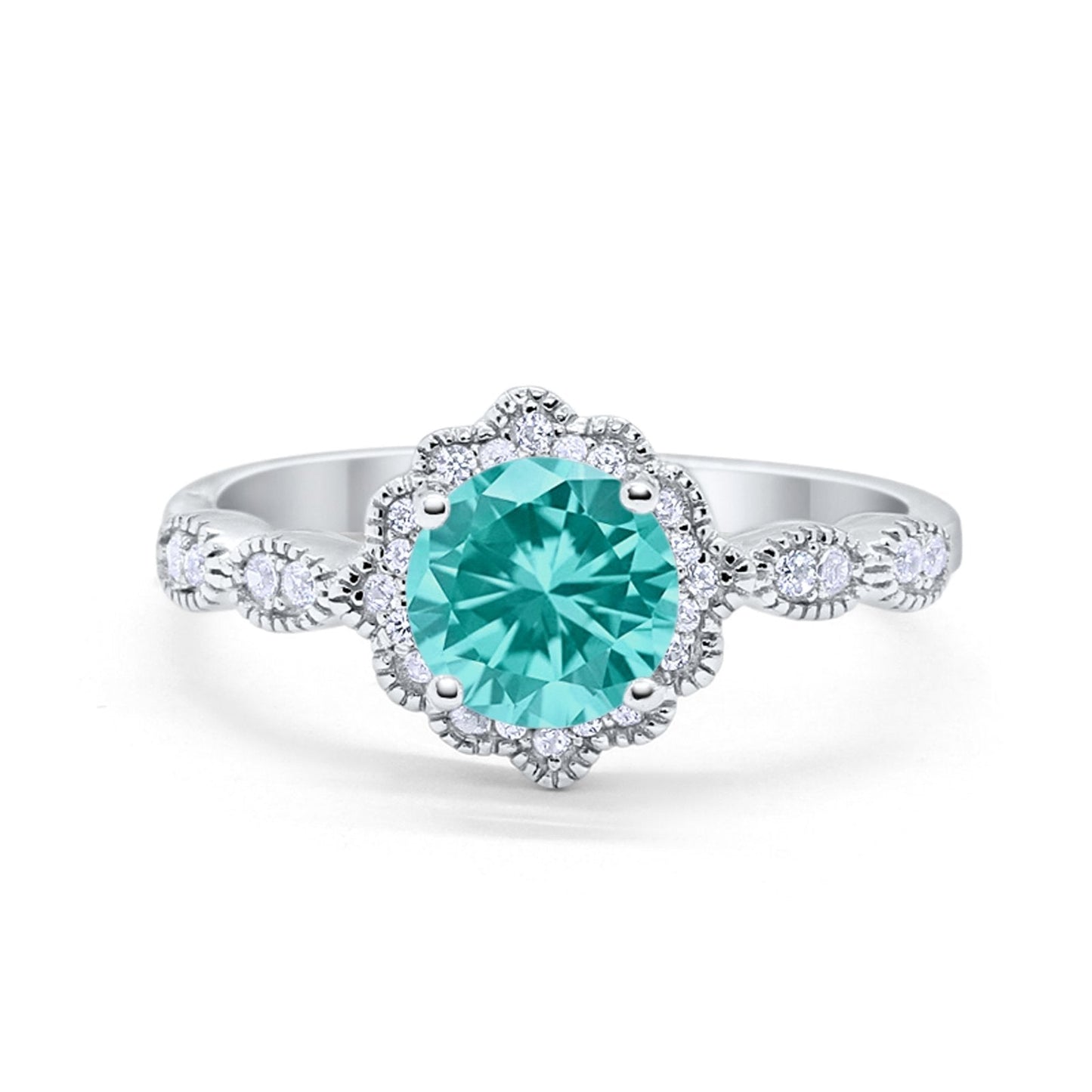 Floral Art Deco Simulated Paraiba Tourmaline CZ Engagement Ring