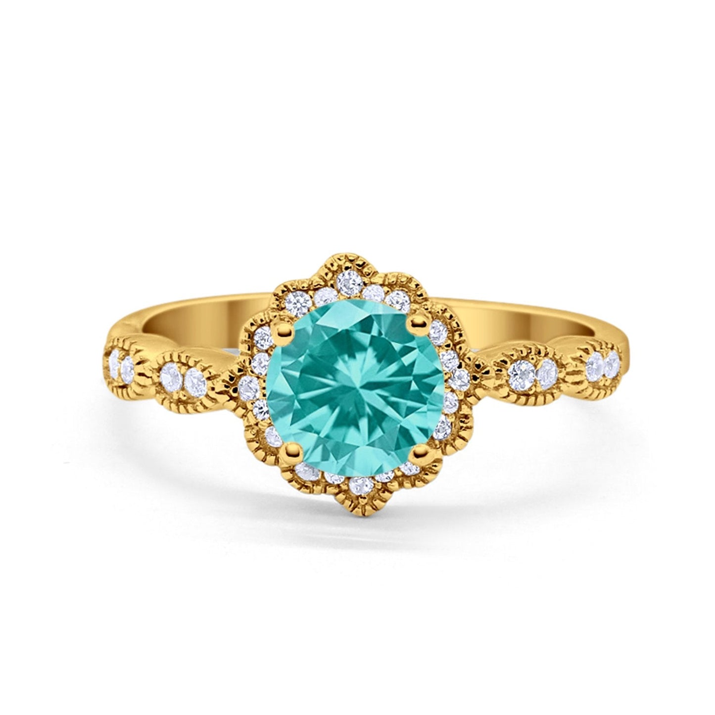 Floral Round Yellow Tone, Simulated Paraiba Tourmaline CZ Wedding Ring