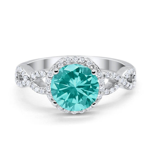 Halo Wedding Ring Round Simulated Paraiba Tourmaline CZ