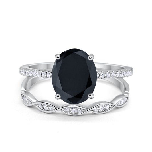 Two Piece Oval Bridal Wedding Ring Simulated Black CZ