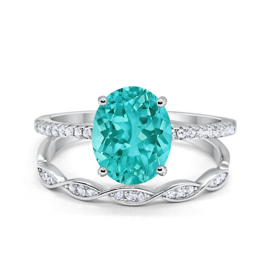 Two Piece Oval Bridal Wedding Ring Simulated Paraiba Tourmaline CZ