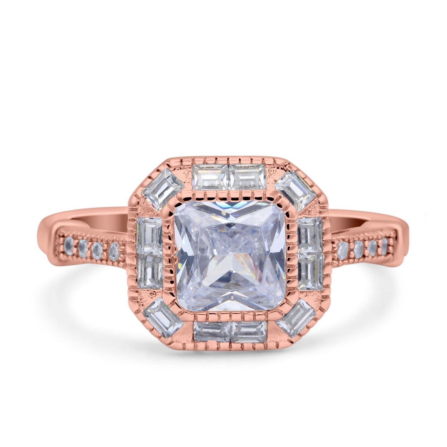 Art Deco Cushion Engagement Bezel Ring Rose Tone, Simulated CZ