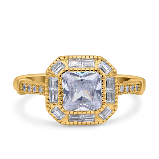 Art Deco Cushion Engagement Bezel Ring Yellow Tone, Simulated CZ