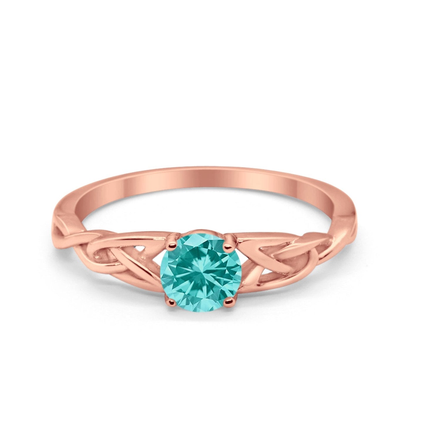 Solitaire Trinity Engagement Ring Rose Tone, Simulated Paraiba Tourmaline CZ