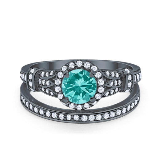 Two Piece Wedding Promise Ring Black Tone, Simulated Paraiba Tourmaline CZ