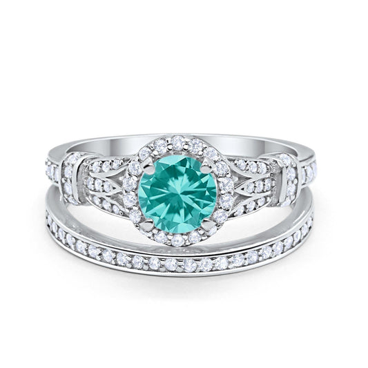 Two Piece Wedding Promise Ring Simulated Paraiba Tourmaline CZ