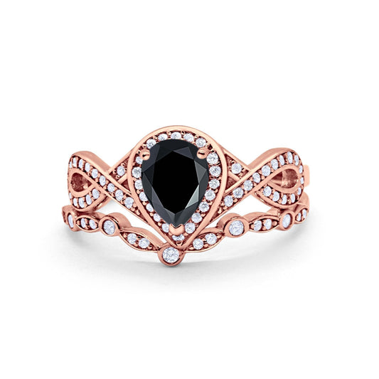 Teardrop Piece Band Rose Tone, Simulated Black CZ Wedding Ring