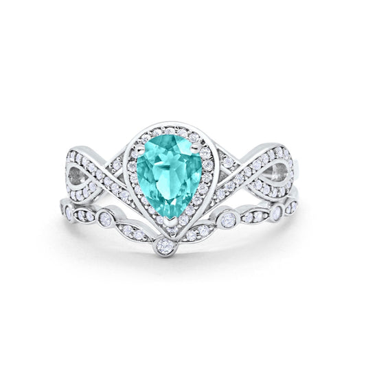 Teardrop Piece Art Deco Wedding Ring Simulated Paraiba Tourmaline CZ