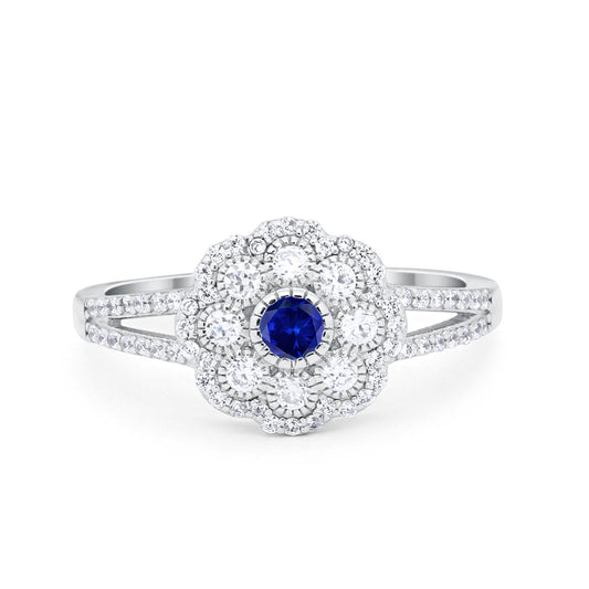 Antique Style Engagement Ring Round Simulated Blue Sapphire CZ