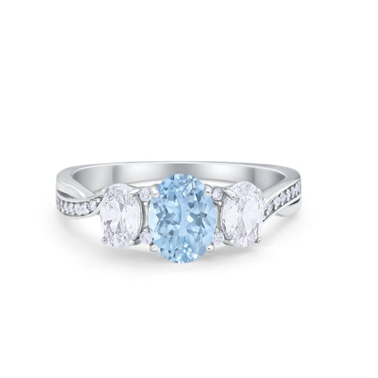 Oval Three Stone Engagement Ring Simulated Aquamarine CZ