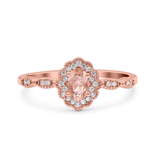 Halo Art Deco Oval Rose Tone, Simulated Morganite CZ Engagement Ring