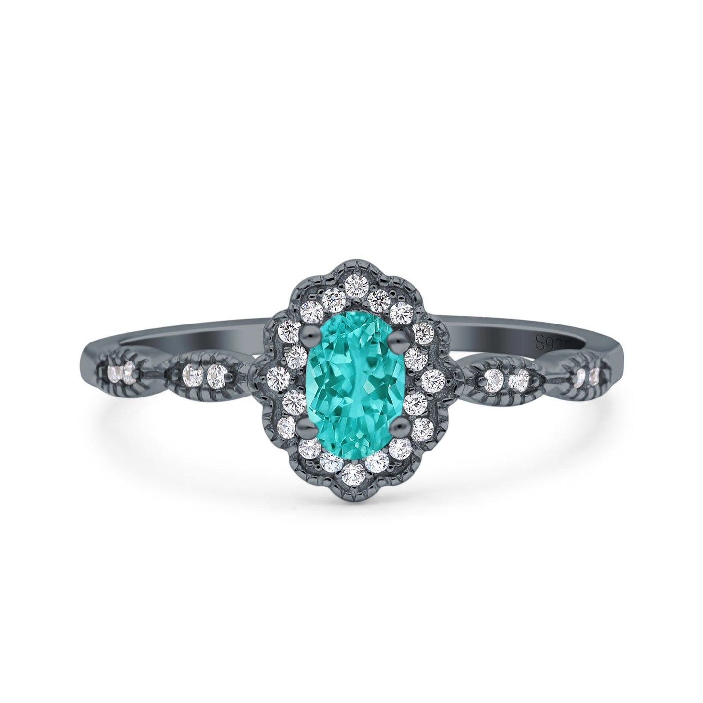 Halo Art Deco Oval Engagement Ring Black Tone, Simulated Paraiba Tourmaline CZ