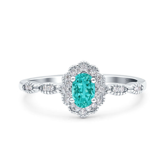 Halo Art Deco Oval Engagement Ring Simulated Paraiba Tourmaline CZ