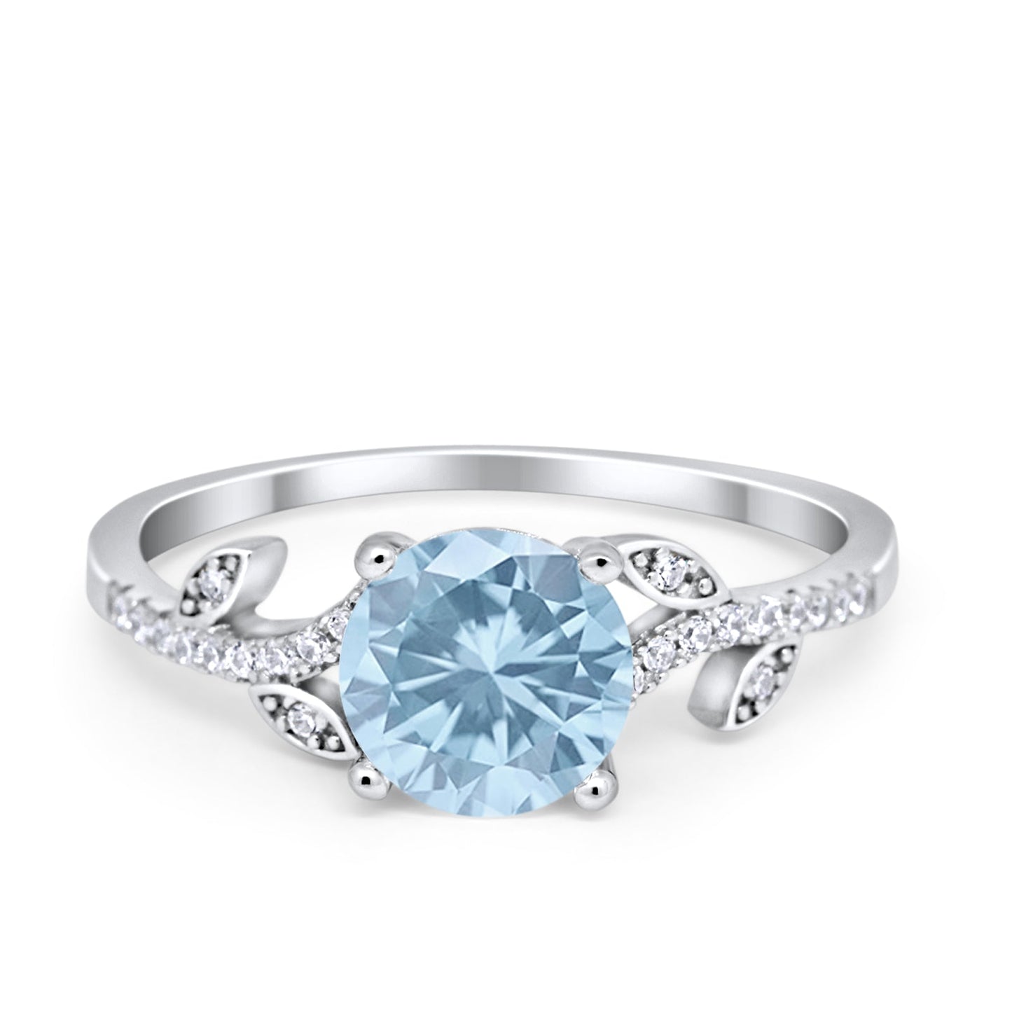 Leaf Style Ring Round Aquamarine CZ