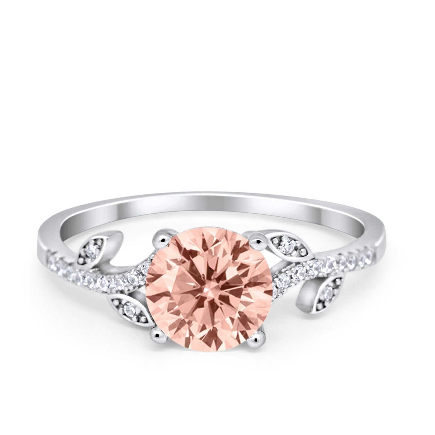 Leaf Style Wedding Ring Round Simulated Morganite CZ