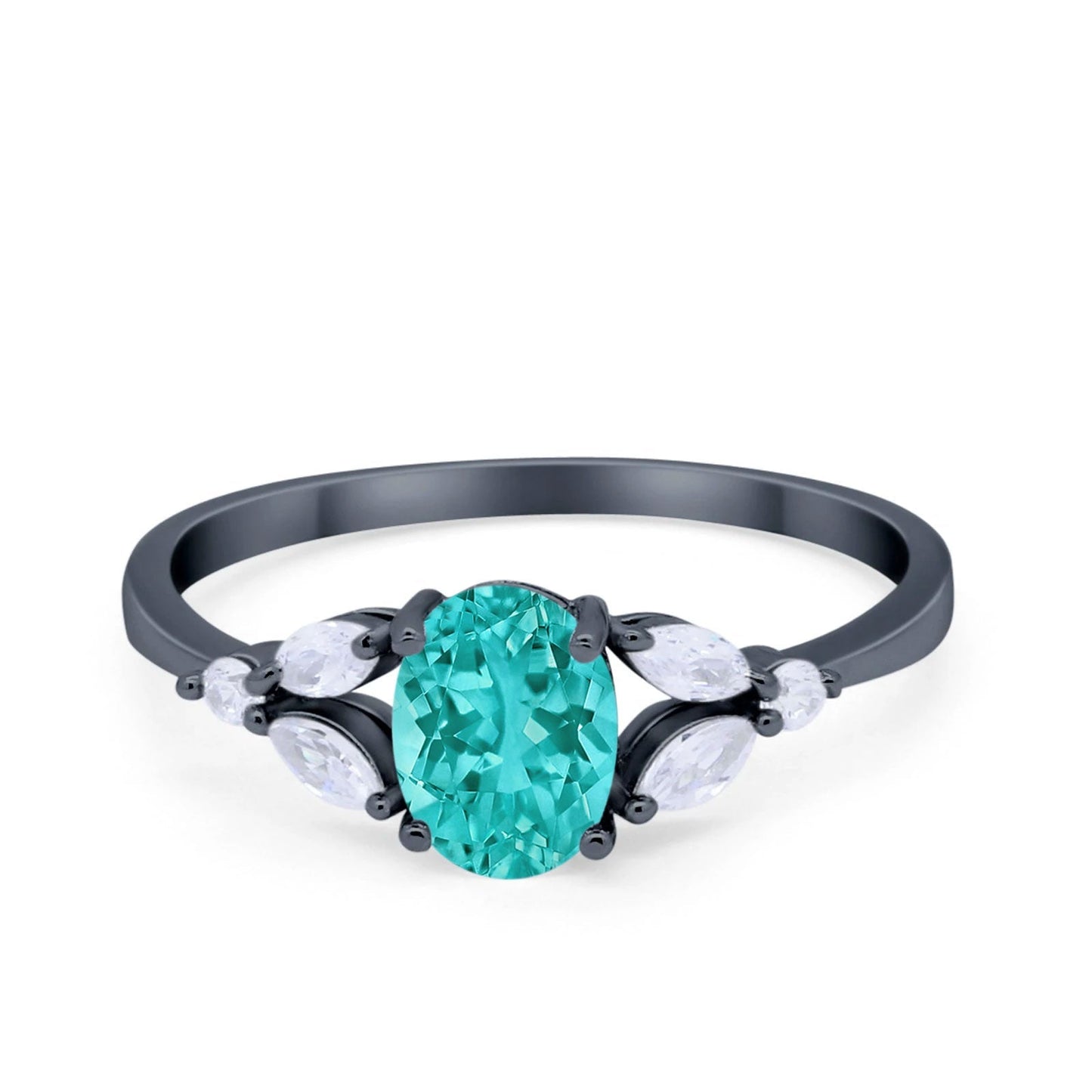 Art Deco Oval Engagement Ring Black Tone, Simulated Paraiba Tourmaline CZ