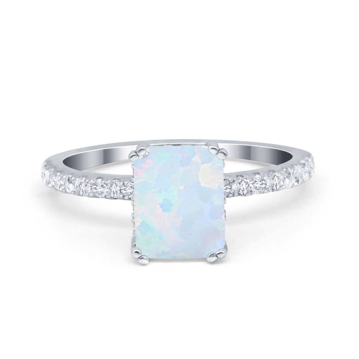 Art Deco Radiant Cut Lab Created White Opal Engagement Ring