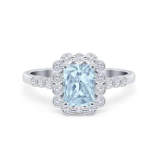 Halo Radiant Cut Wedding Ring Simulated Aquamarine CZ