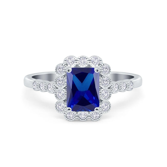 Halo Radiant Cut Wedding Ring Simulated Blue Sapphire CZ