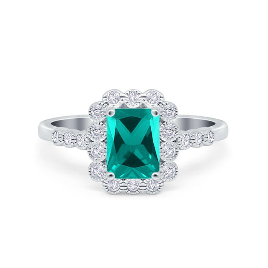 Halo Radiant Cut Wedding Ring Simulated Paraiba Tourmaline CZ