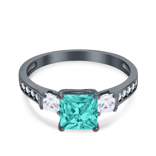 Princess Cut Art Deco Wedding Ring Black Tone, Simulated Paraiba Tourmaline CZ