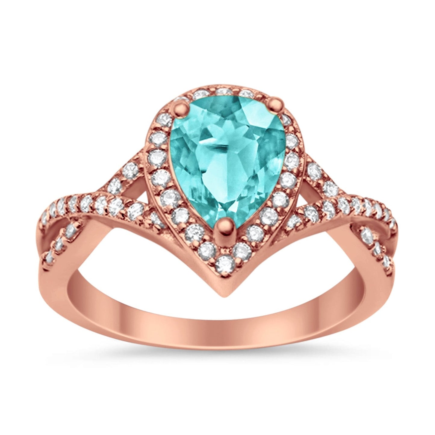 Teardrop Rose Tone, Simulated Paraiba Tourmaline CZ Wedding Ring