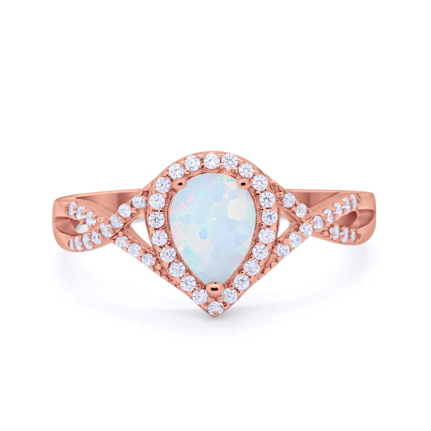 Teardrop Wedding Promise Ring Infinity Round Rose Tone, Lab White Opal