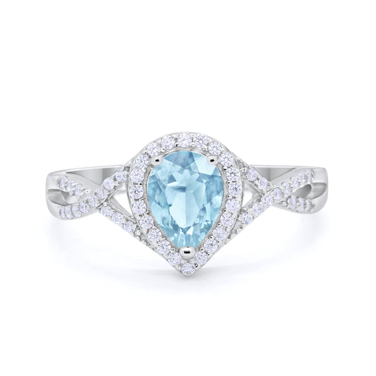 Teardrop Infinity Round Simulated Aquamarine CZ Wedding Promise Ring