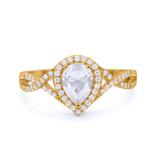 Teardrop Wedding Promise Ring Round Yellow Tone, Simulated CZ