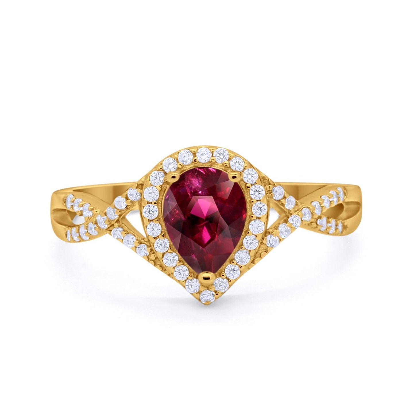 Teardrop Infinity Yellow Tone, Simulated Ruby CZ Wedding Ring