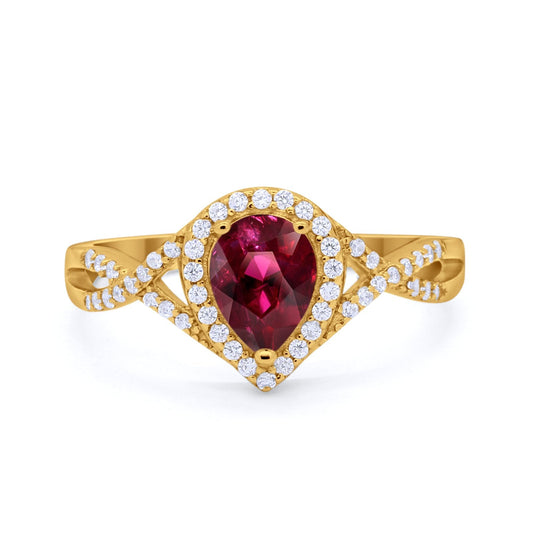 Teardrop Infinity Yellow Tone, Simulated Ruby CZ Wedding Ring