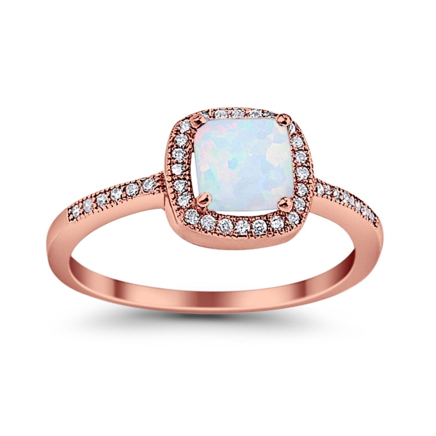 Halo Accent Engagement Ring Rose Tone, Lab Created White Opal