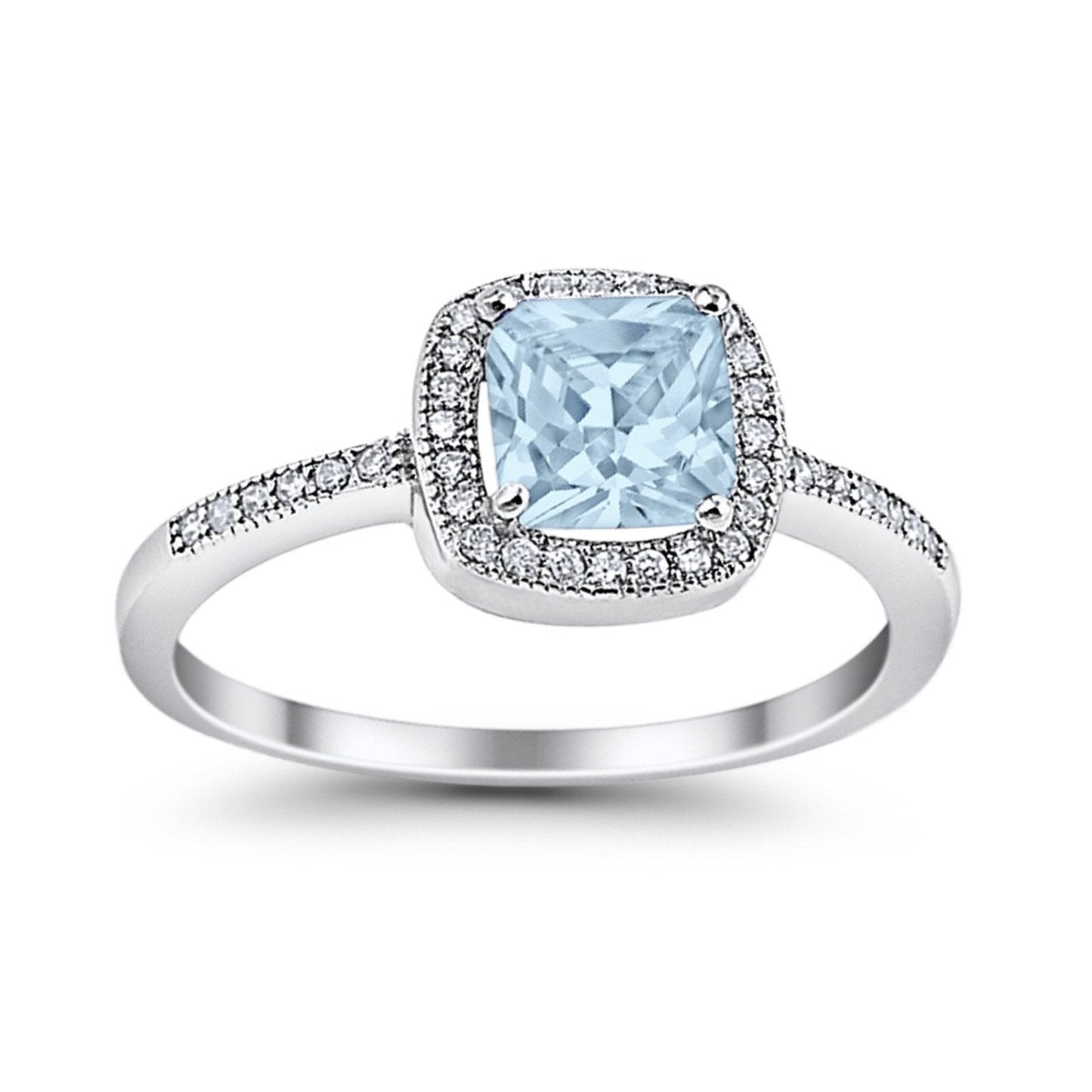 Halo Accent Simulated Aquamarine CZ Engagement Ring