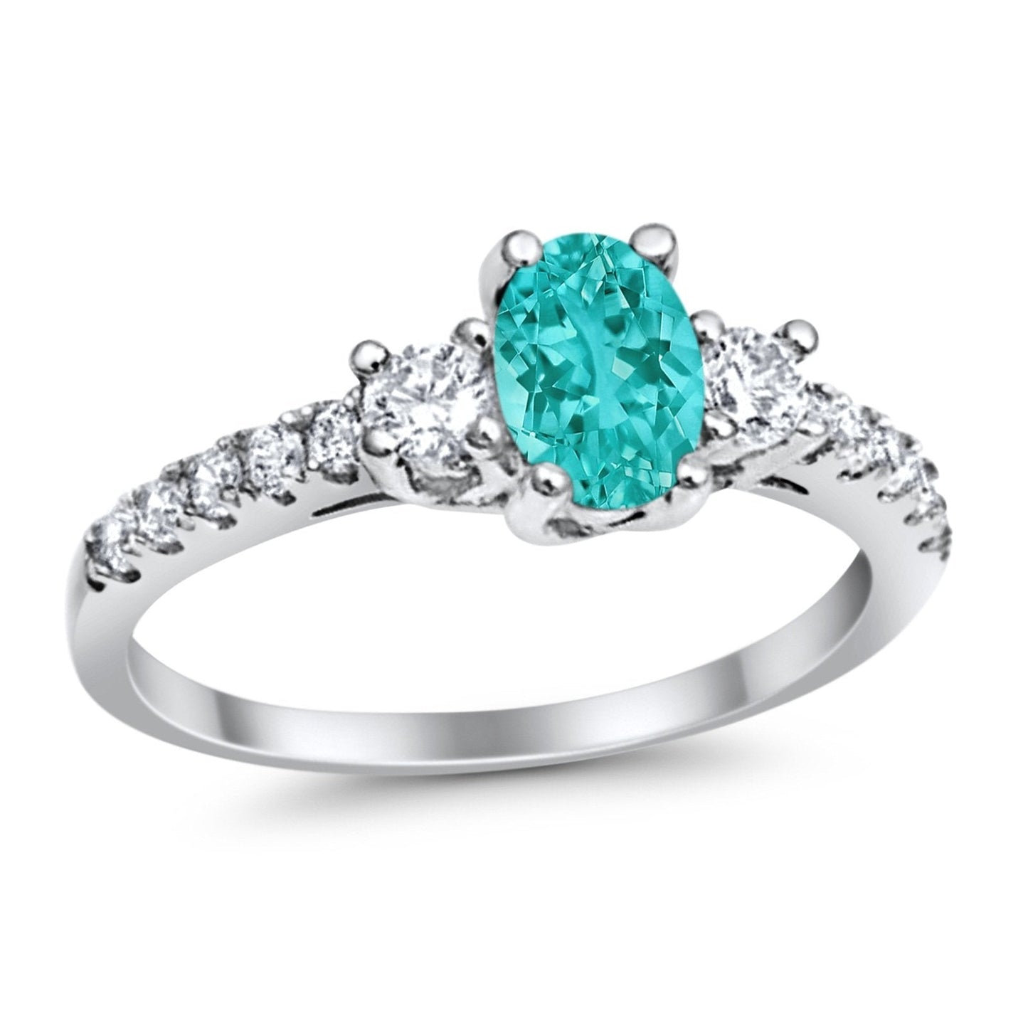 Accent Oval Simulated Paraiba Tourmaline CZ Wedding Ring