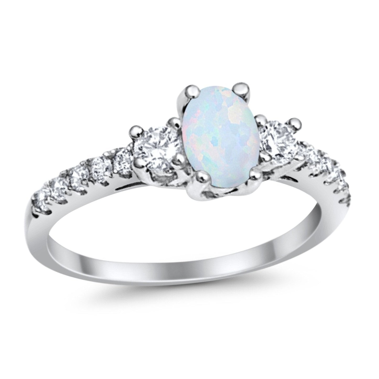 Oval Lab Created White Opal Round Ring