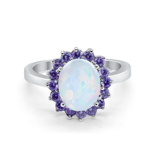 Halo Ring Simulated Amethyst Oval Lab Created White Opal