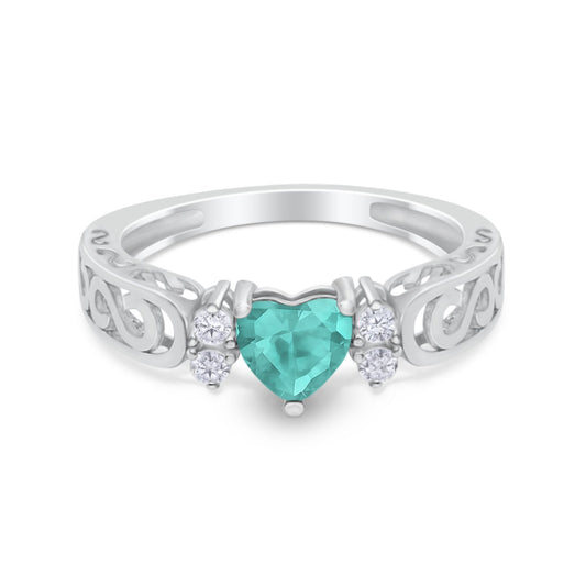 Filigree Heart Promise Wedding Ring Simulated Paraiba Tourmaline CZ