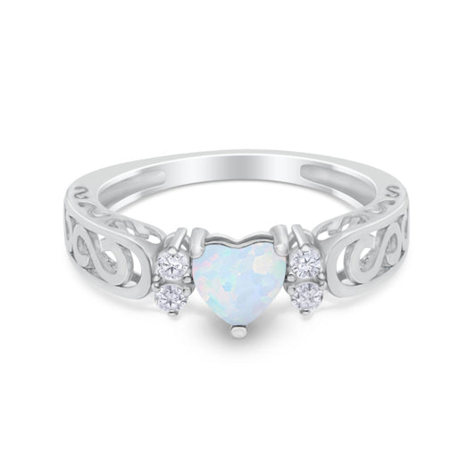 Filigree Heart Promise Wedding Ring Lab Created White Opal