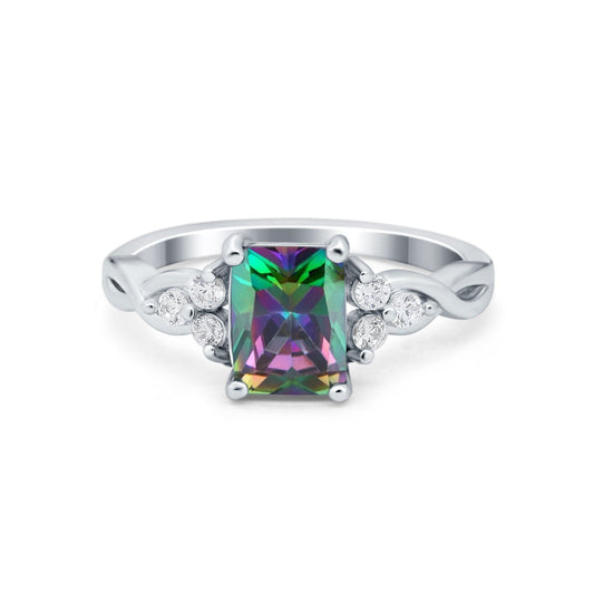 Emerald Cut Wedding Bridal Ring Simulated Rainbow CZ