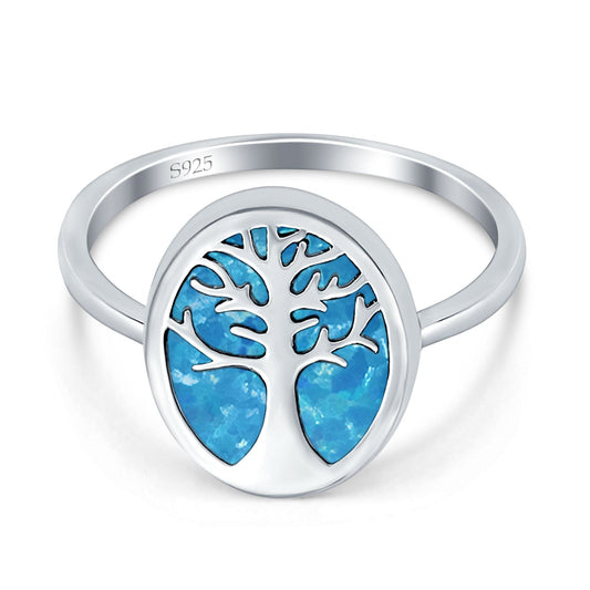 Oval Lab Created Blue Opal Tree Of Life Ring